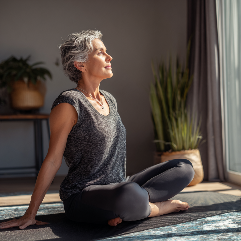 Middle-aged woman practicing gentle yoga stretches on a mat in natural light