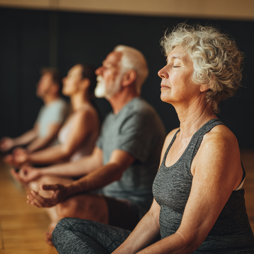 Older adults in a peaceful yoga studio practicing seated breathing exercises together